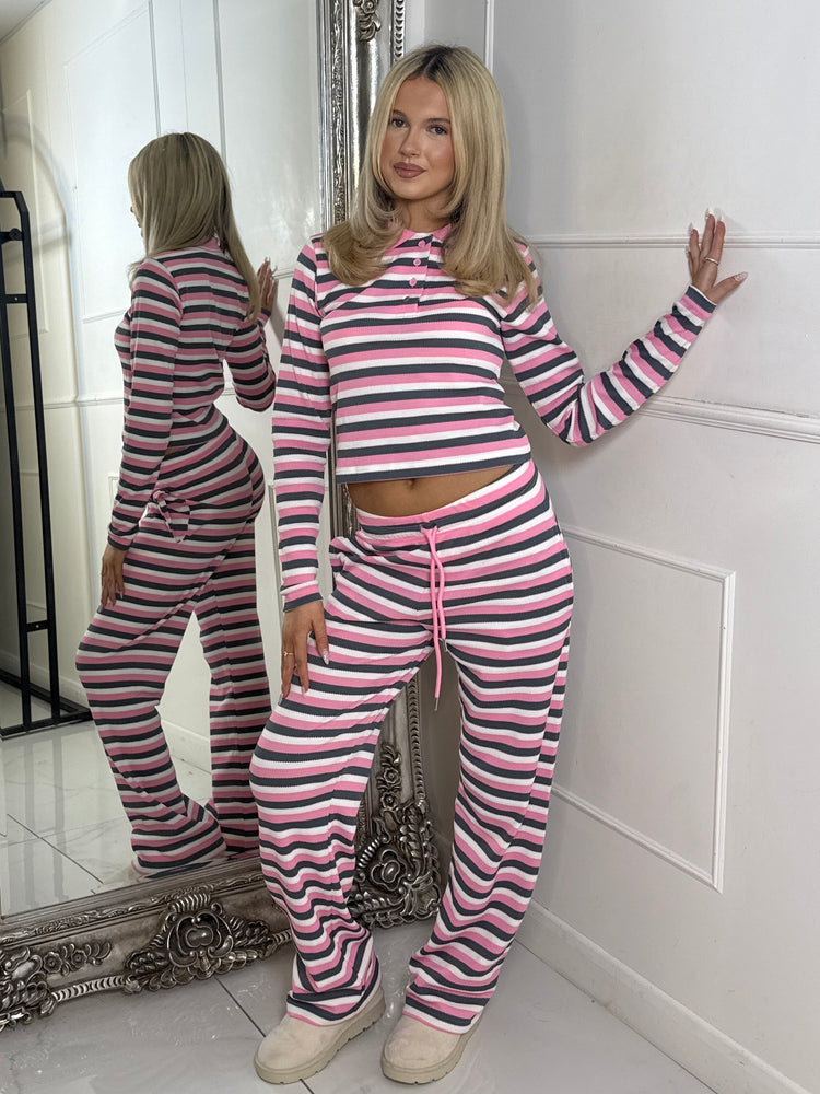 Collar Detail Striped Long Sleeve Top & Wide Leg Pants Co-Ord - Baby Pink Multi