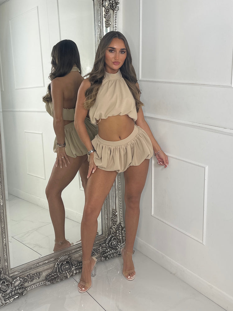 Backless High Neck Top & Band Detail Puffball Skort - Beige