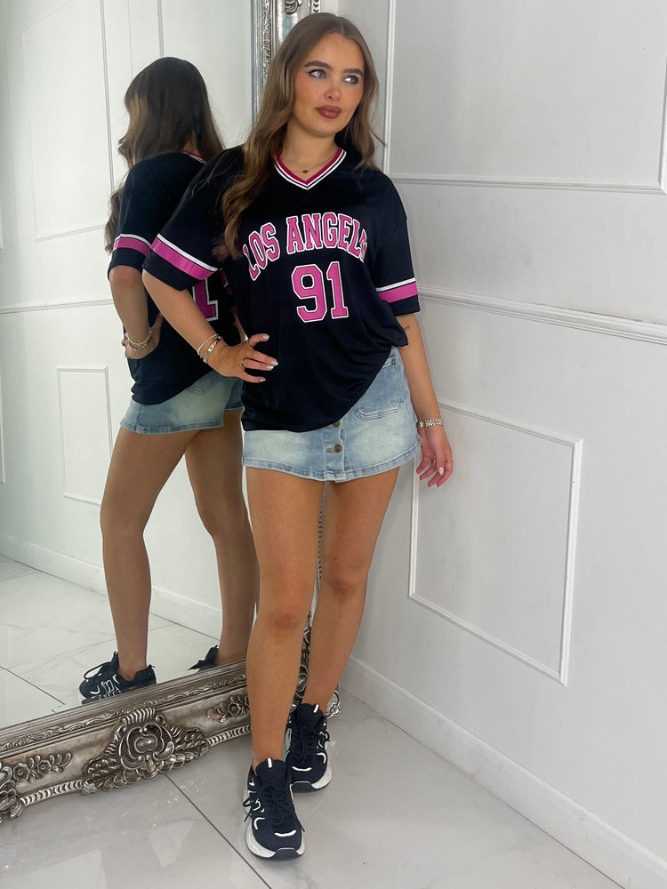 Los Angeles 91 Varsity Tee - Black/Pink