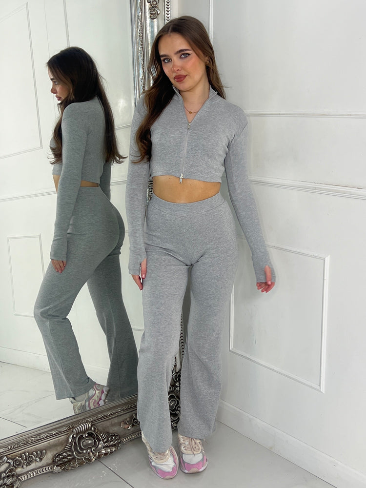 Zip Up Flared Ribbed Loungeset - Grey