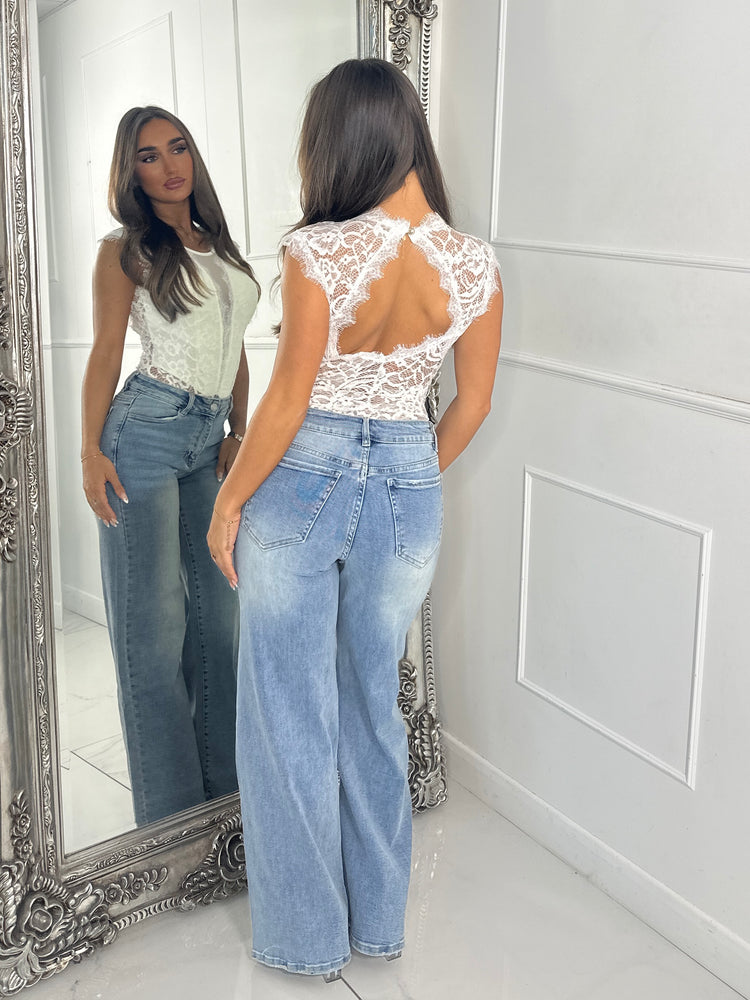 Sleeveless Mesh V Lace Bodysuit - White