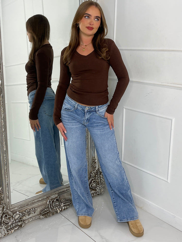 V Neck Long Sleeve Soft Touch Top - Brown