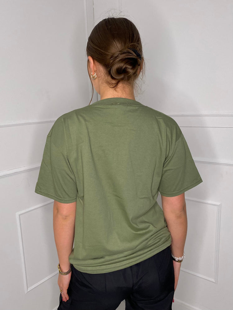 Obsessed Teddy Print T-shirt- Khaki Green