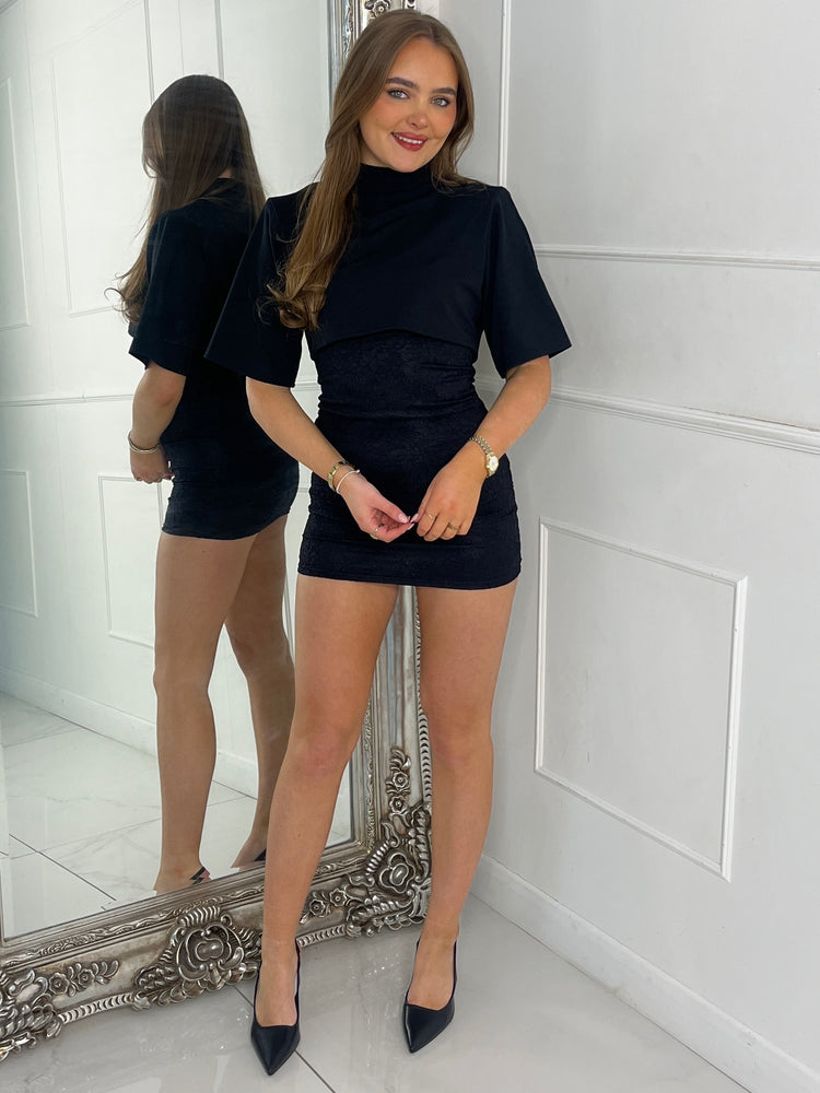Padded Shoulder Overlay Lace Dress - All Black