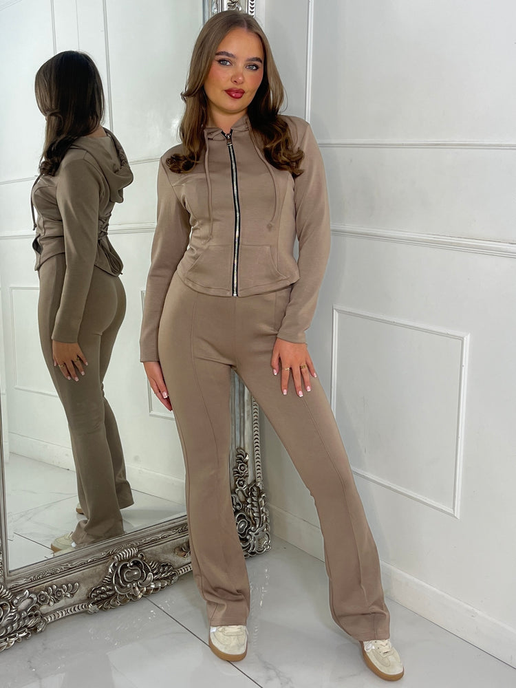 Tie Up Corset Detail Back Hoodie & Seam Detail Flared Pants - Taupe