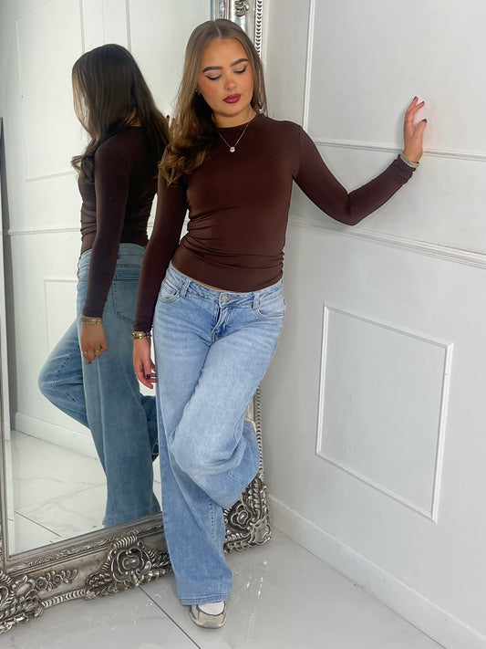 Round Neck Long Sleeve Top Second Skin - Brown