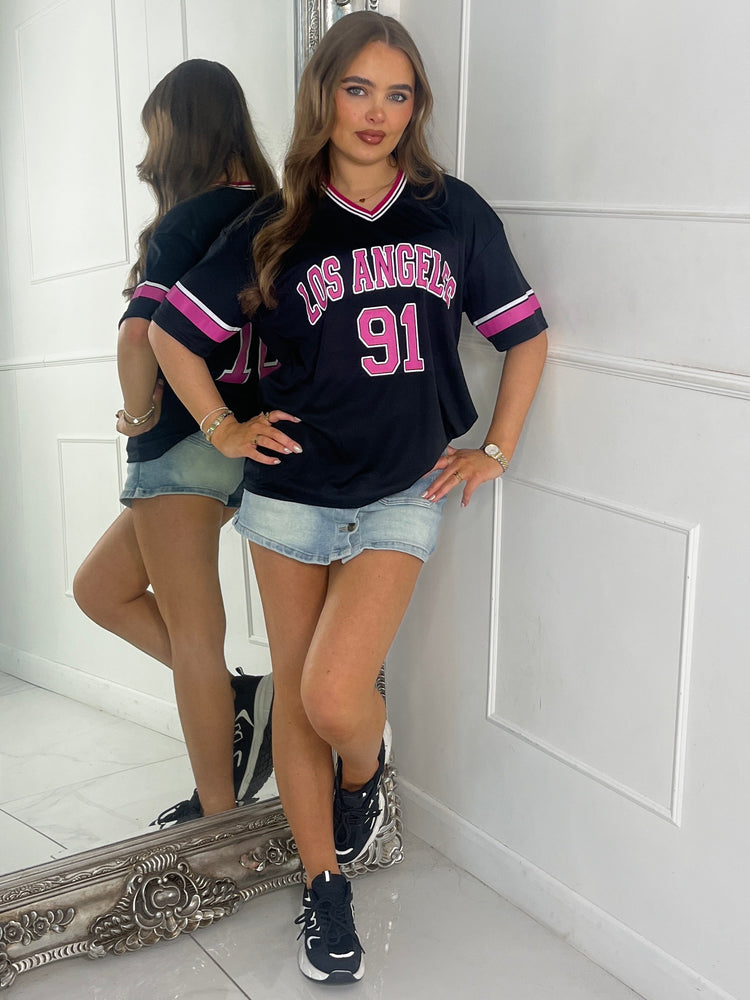 Los Angeles 91 Varsity Tee - Black/Pink
