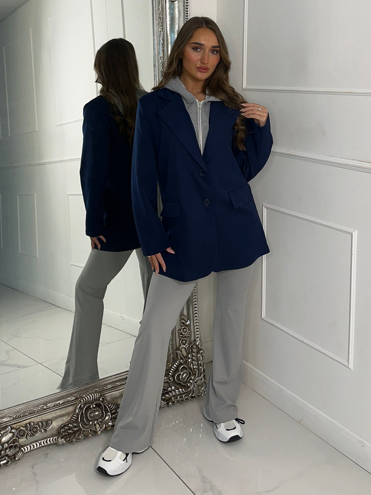 Oversized Blazer With Grey Attached Hood - Navy