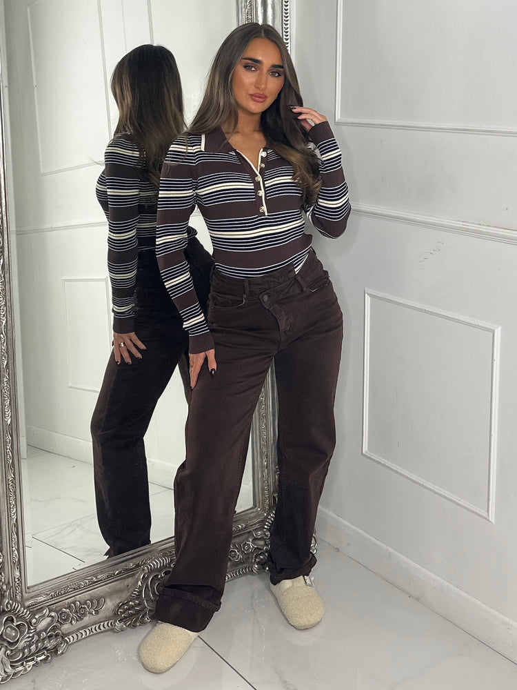 Collared Gold Button Striped Bodysuit - Chocolate Brown