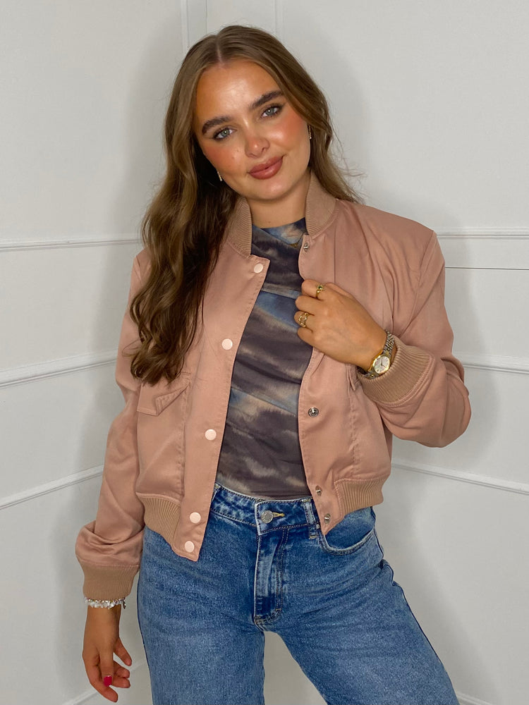 Cropped Pocket Detail Bomber Jacket - Peach