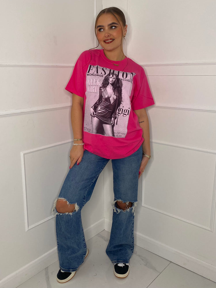 Fashion Print T-shirt- Hot Pink