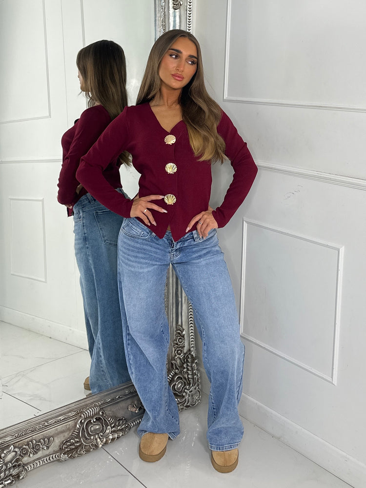 V Neck Sea Shell Detail Long Sleeve Jumper - Wine