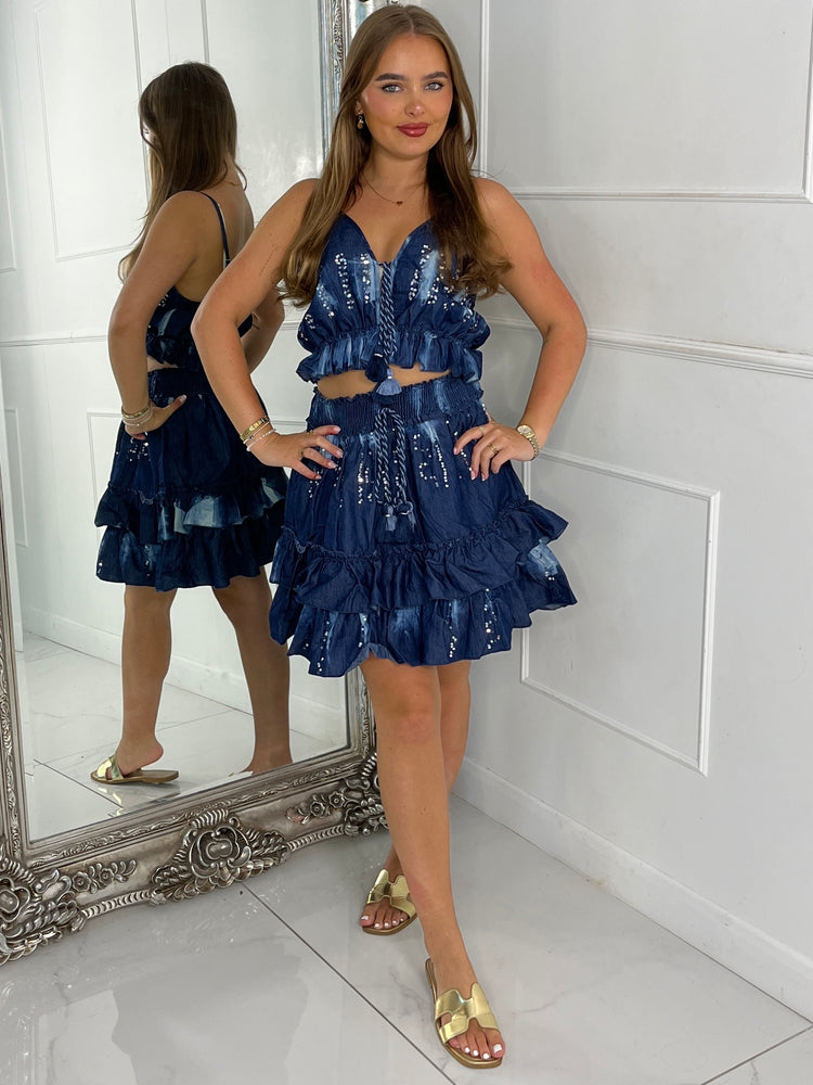 Denim Tie Die Tastle Detail Skirt & Top Co-Ord - Dark Denim