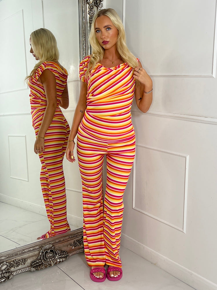 Cowl Neck Knitted Crochet Top & Flares - Multi Stripe 1