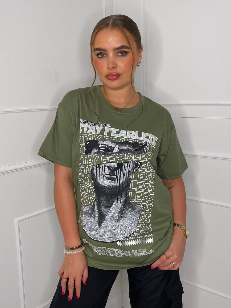 Fearless Statue Print T-shirt- Khaki Green