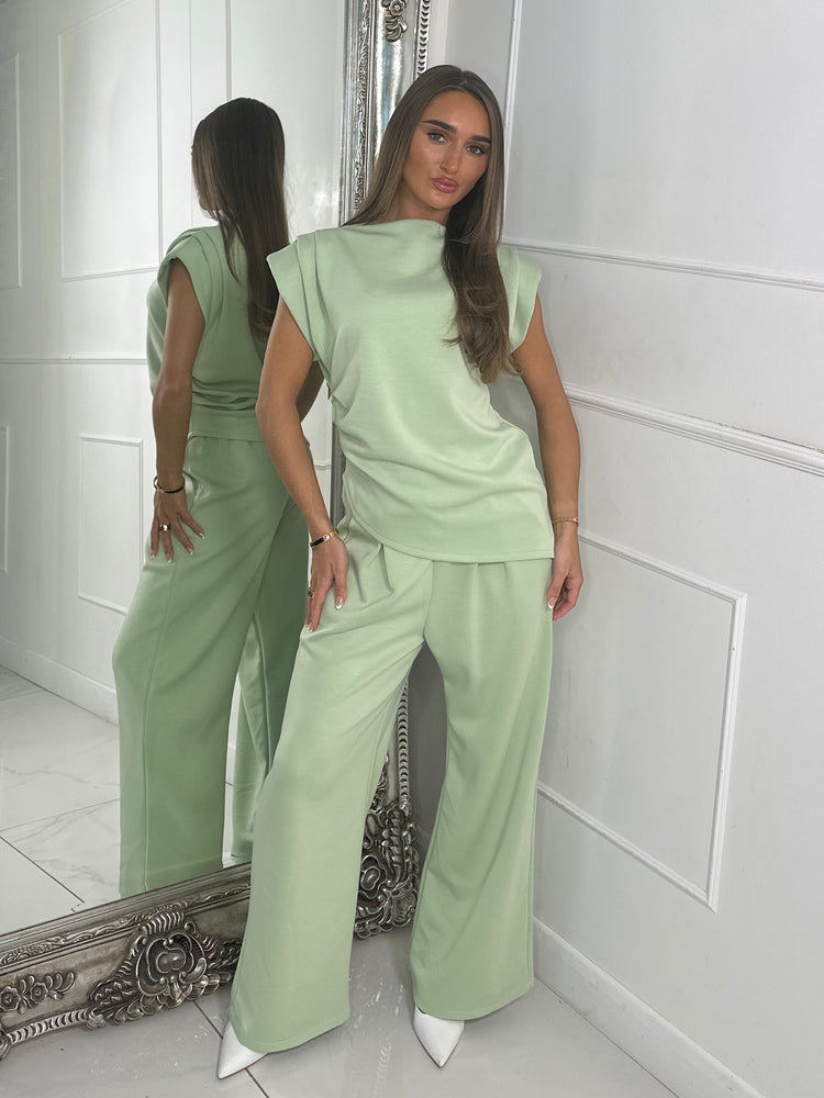 Asymmetric padded shoulder top & Flares Co Ord - Sage Green