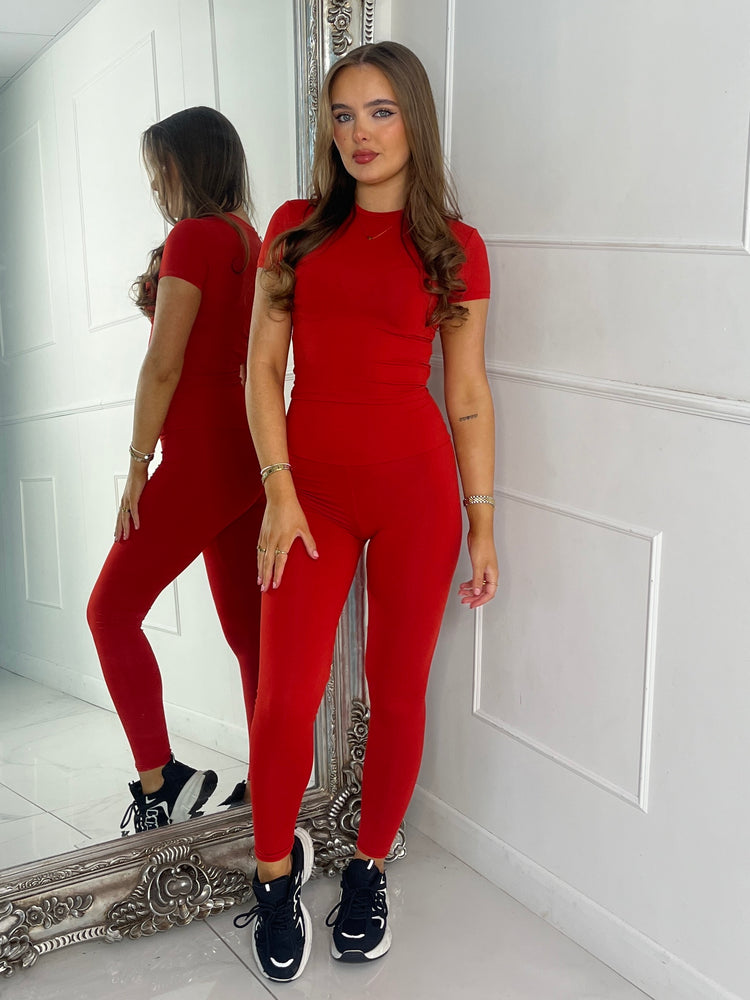 Round Neck Short Sleeve Second Skin Top & Sculpt Panel Leggings - Red