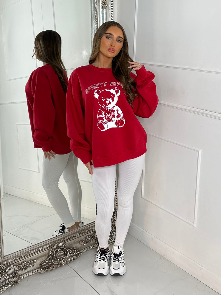 Oversized Sporty Season Teddy Bear Sweatshirt - Red & White