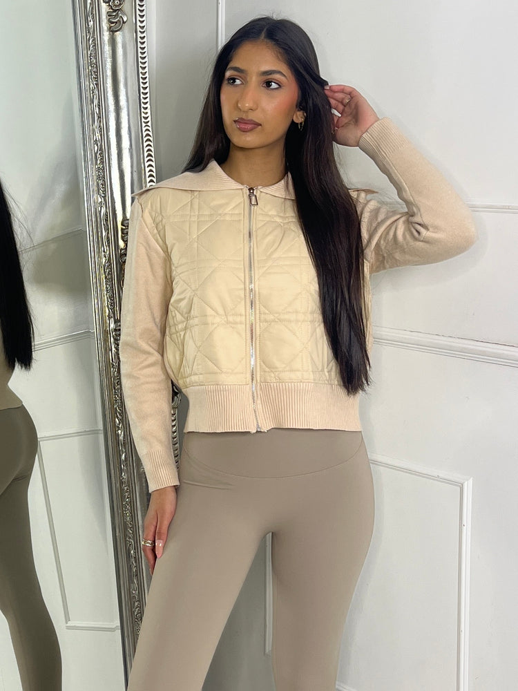 Ribbed Sleeve Padded Jacket - Beige