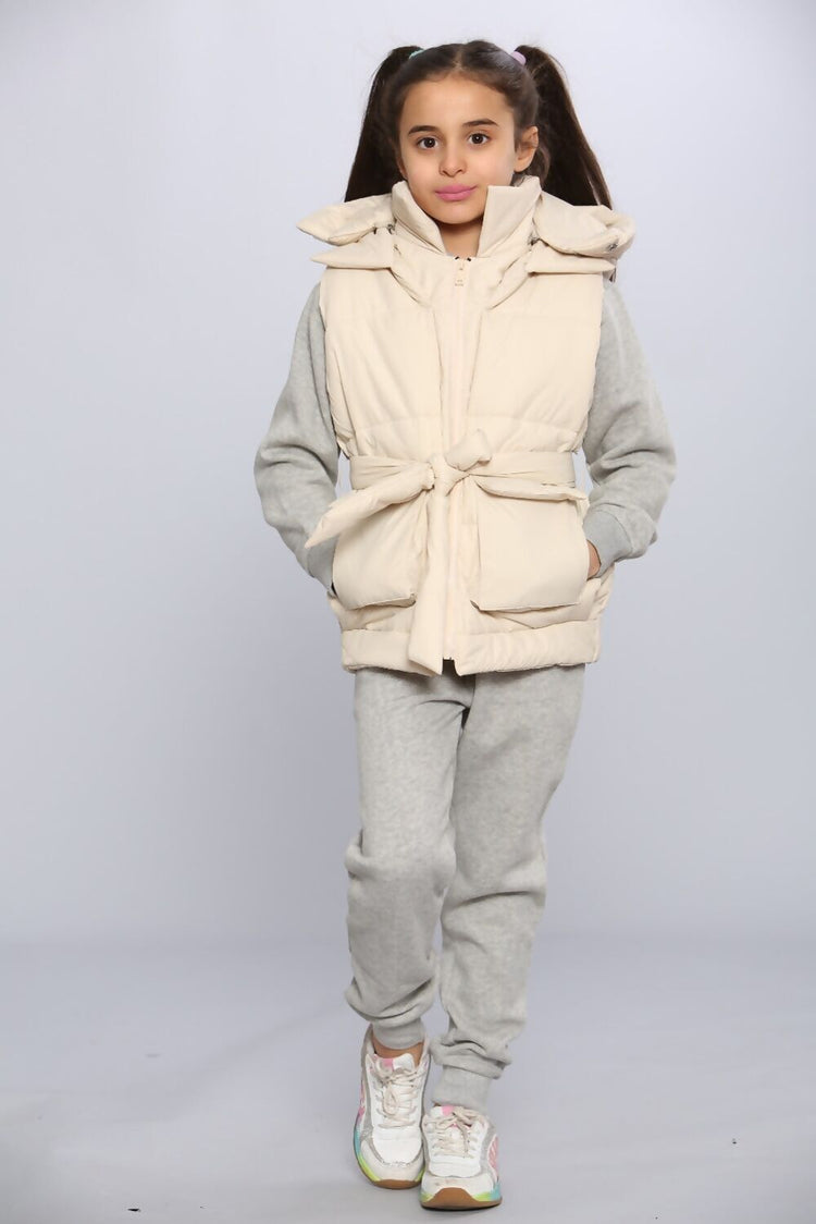 Kids Pocket Tie Front Gilet - Beige