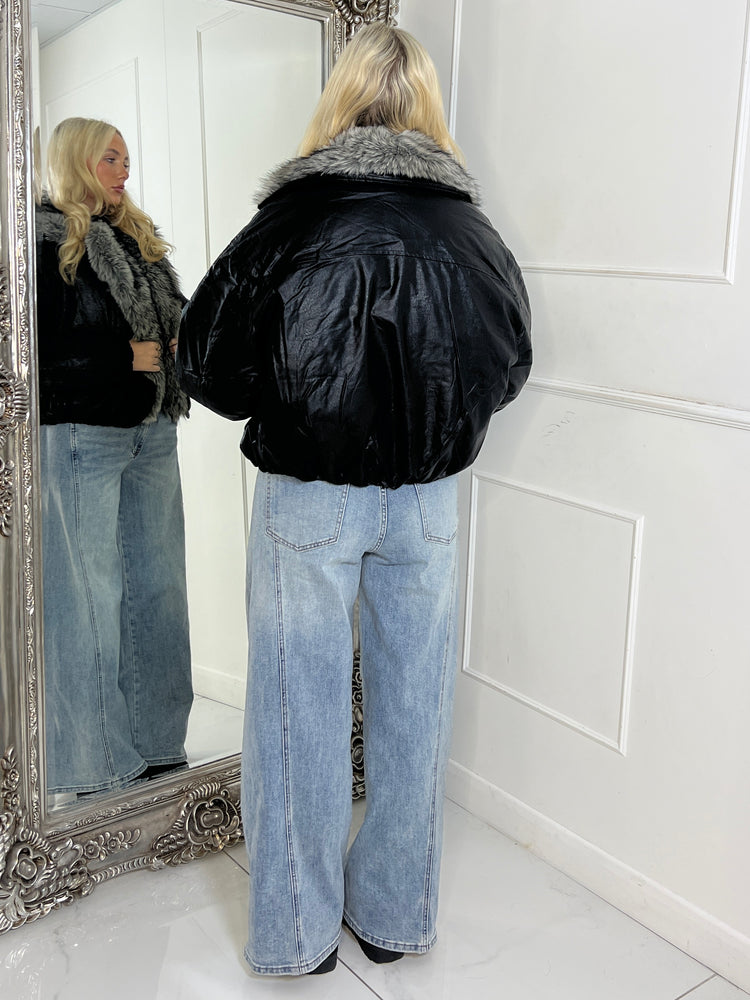 PU Faux Fur Collared Bomber Jacket - Black