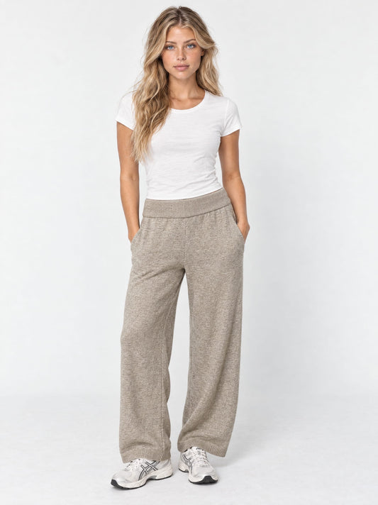 Knitted Wide Leg Pants - Stone