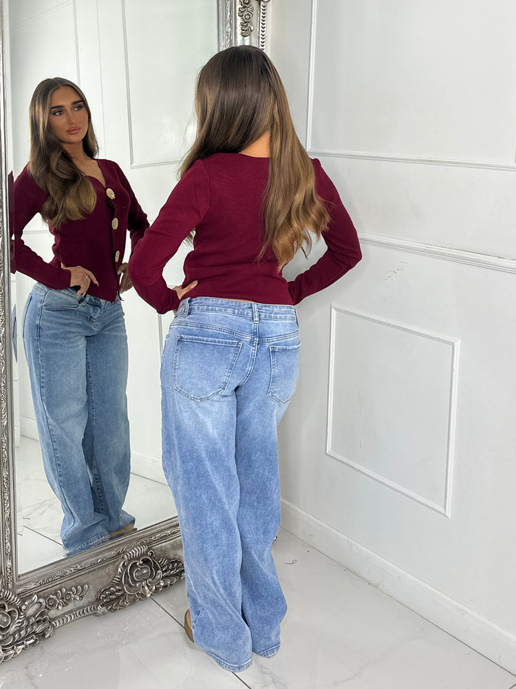 V Neck Sea Shell Detail Long Sleeve Jumper - Wine