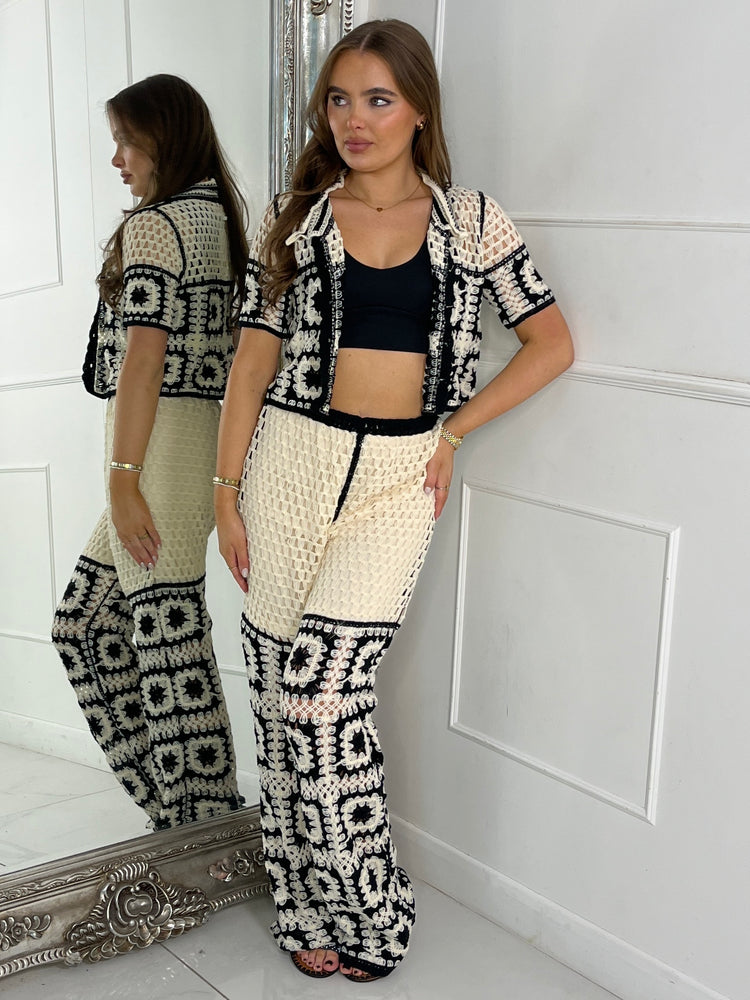 Patterned Crochet Skirt & Flared Pants Co ord - Beige / Black