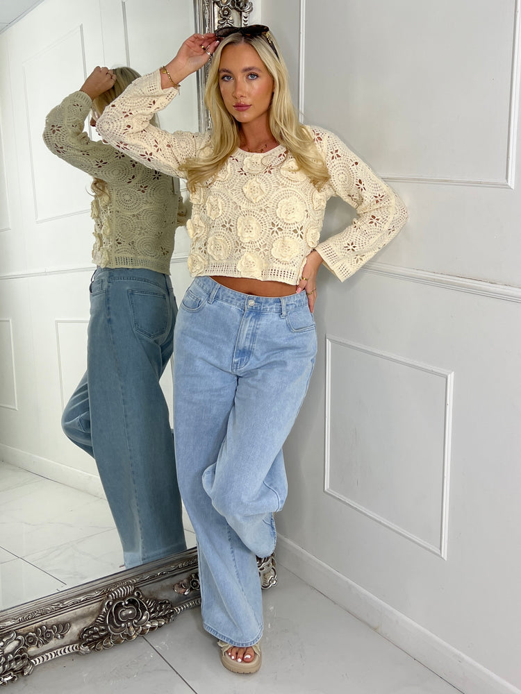 3D Floral Crochet Top - Beige