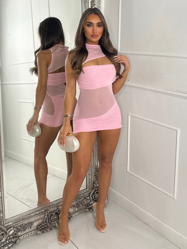 Mesh Contrast Mini Dress With Cut Out Detail - Baby Pink