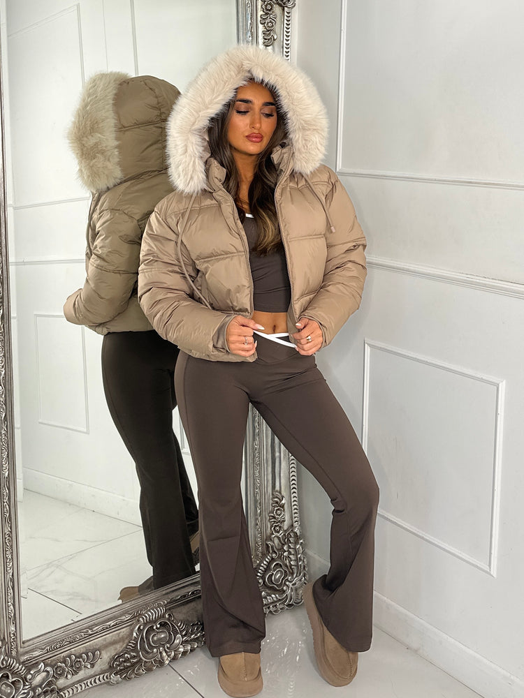 Cropped Faux Fur Trim Padded Jacket - Taupe/Cream