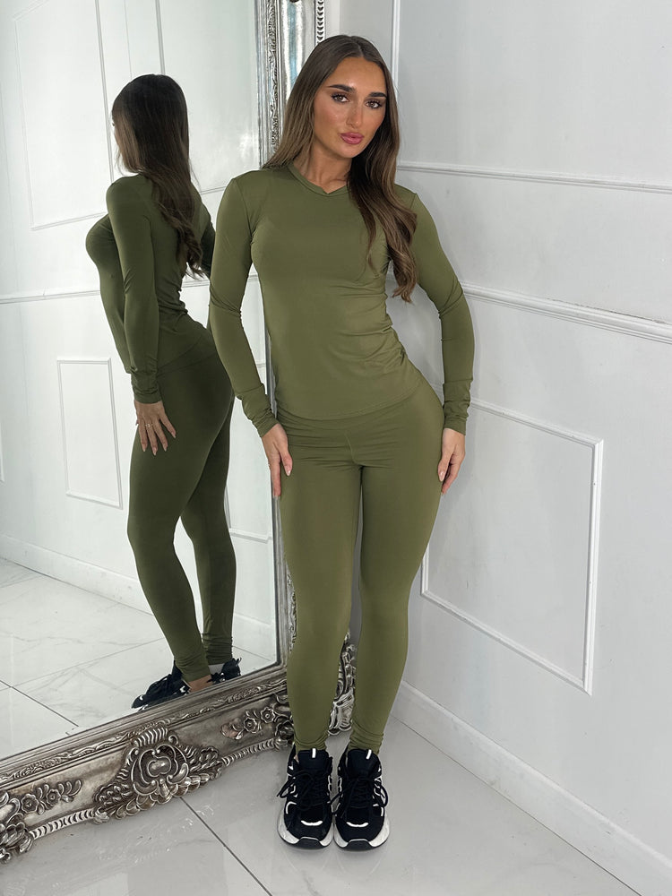Round Neck Long Sleeve Second Skin Top & Sculpt Panel Leggings - Khaki green
