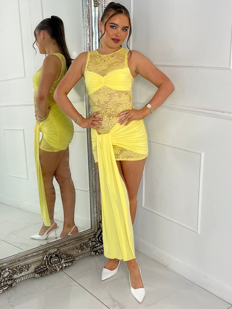 Sleeveless Lace Underlayer Detail Drape Dress - Yellow