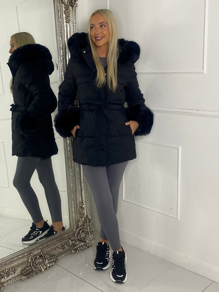 Fur Hood Trim Detail Longline Jacket - Black