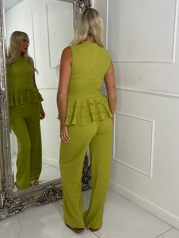 Cheesecloth High Neck Ruffle Bottom Top & Matching Flares Co-ord - Lime Green