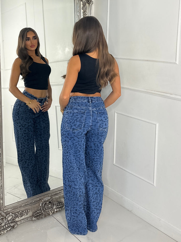 Leopard Diamante Detail Wide Leg Super Stretch Jeans - Denim Blue