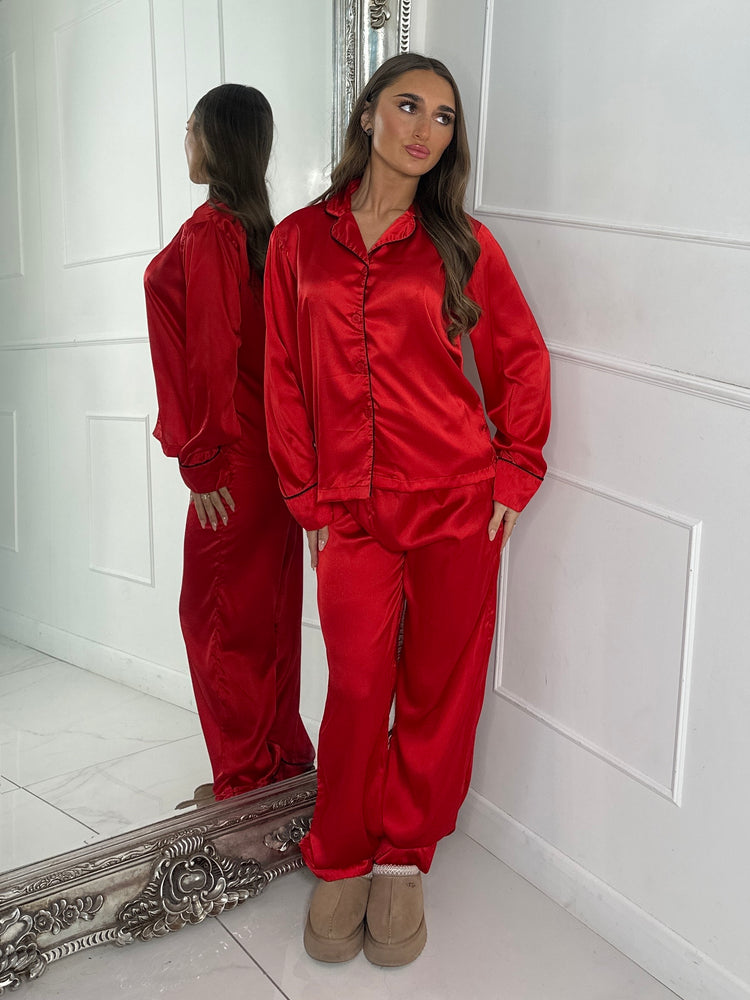 Satin Pyjamas Set - Red Plain