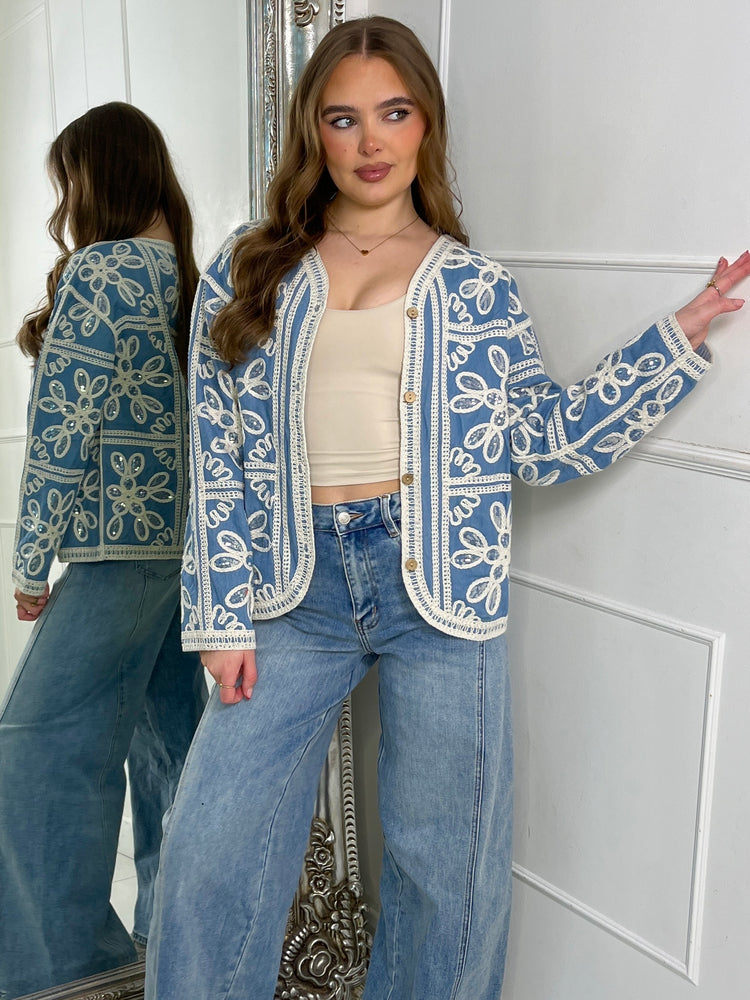 Floral border Embroidered Jacket - Denim & Beige Contrast