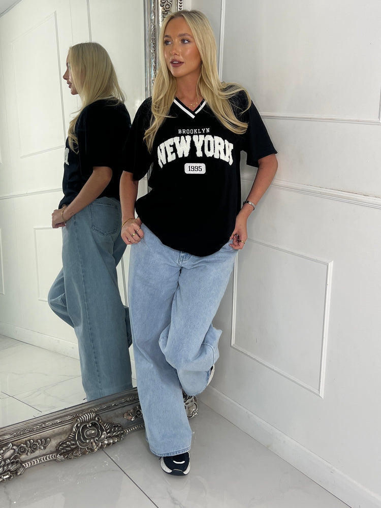 V Neck Oversized Varsity Tee- Black & White