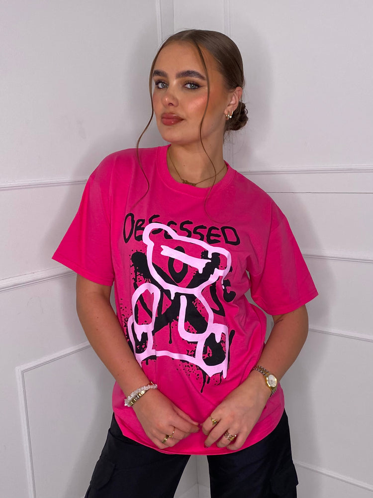 Obsessed Teddy Print T-shirt - Hot Pink