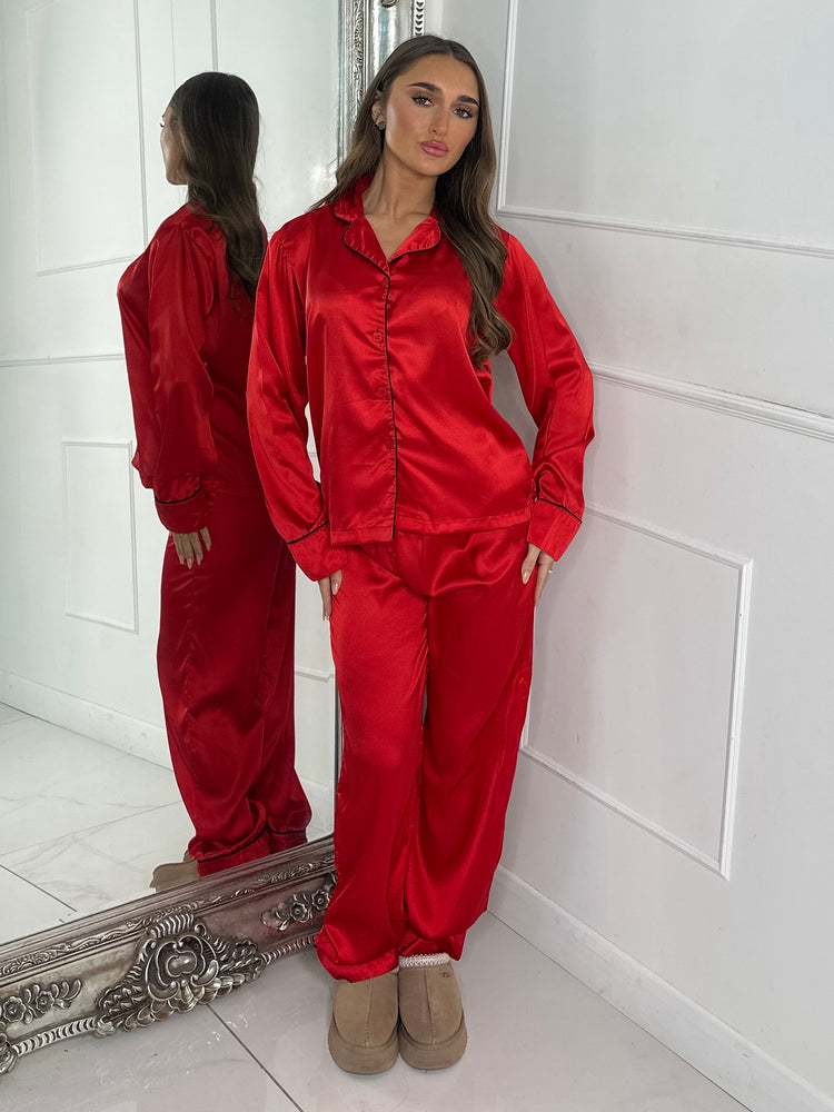 Satin Pyjamas Set - Red Plain