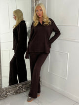Lurex Glitter Oversized Shirt & Wide Leg Pants Co-Ord - Brown