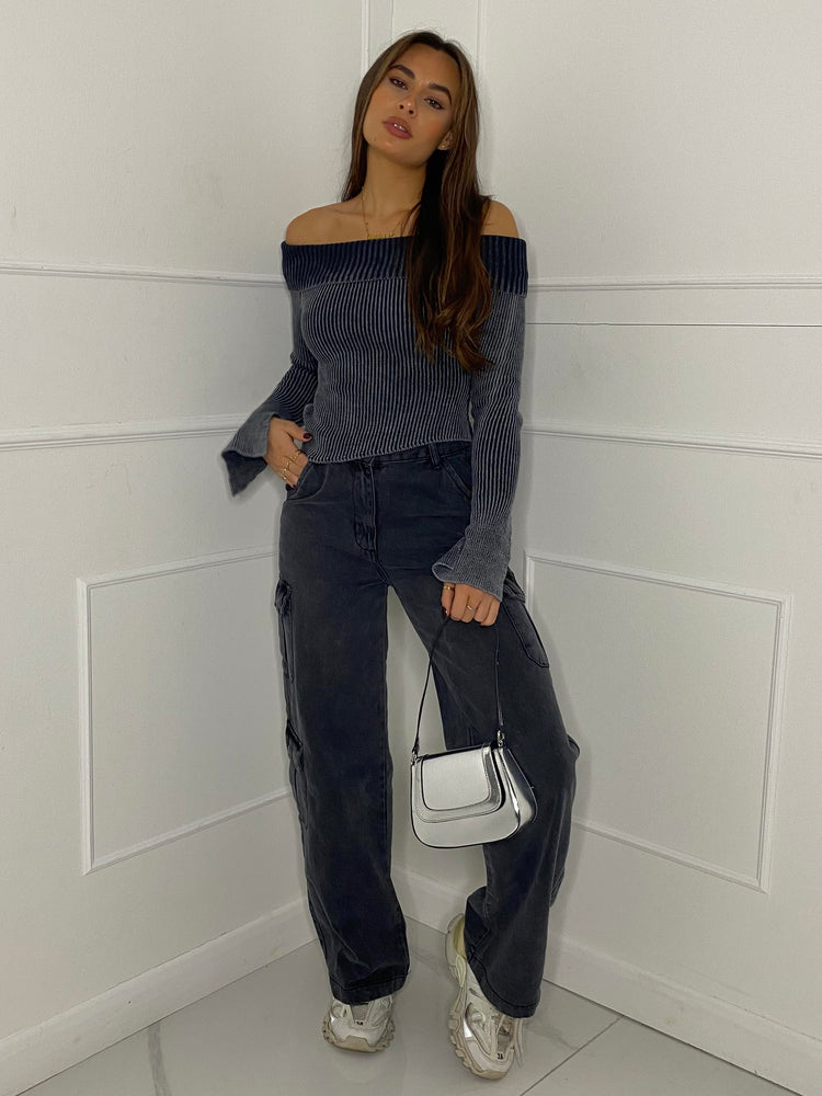 Thick Knit Fold Over Asymmetric Top - Grey