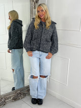 Oversized Collar Pocket Detail Knitted Zip Up Jumper - Grey