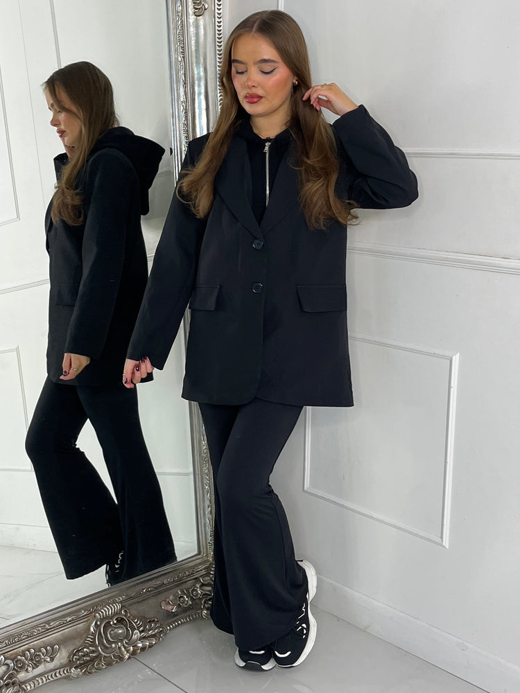 Oversized Blazer With Black Attached Hood - Black