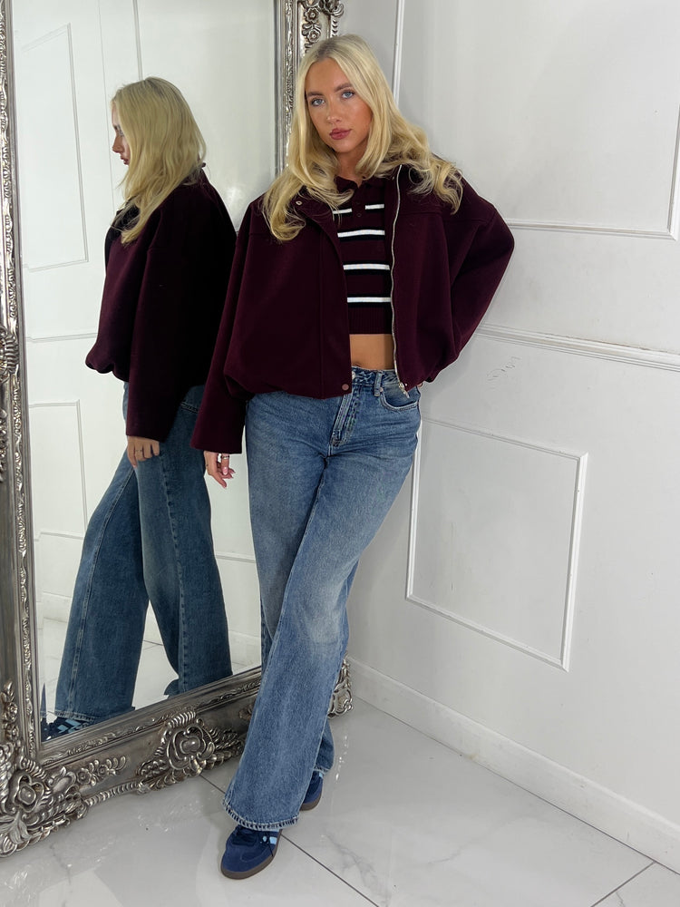 Collared Oversized Bomber Jacket - Wine