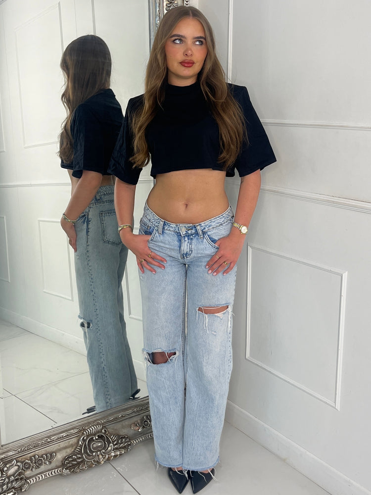 Cotton Padded Shoulder Oversized Cropped Tee - Black