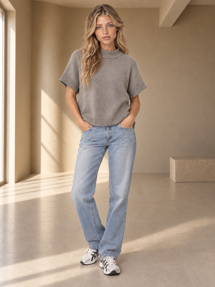 Thick Collar Baggy Short Sleeve Jumper - Grey