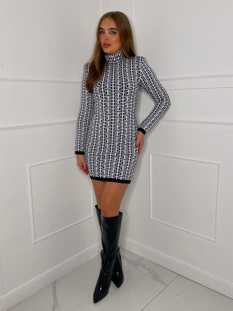 Maze Print High Neck Shoulder Pad Dress - Black/White