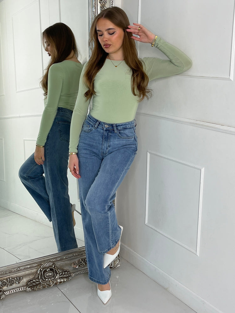 Round Neck Long Sleeve Bodysuit - Sage Green